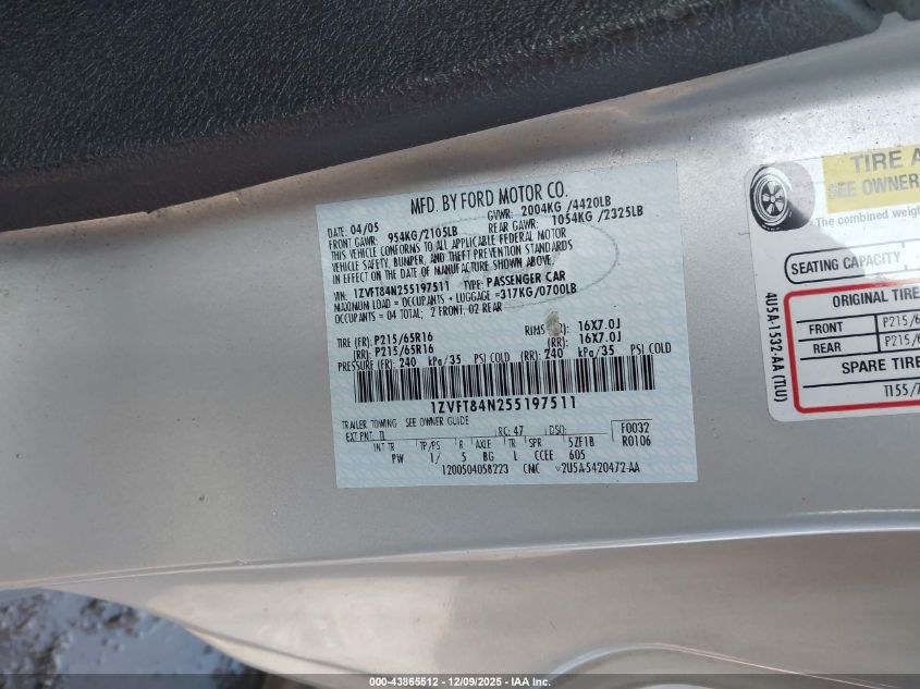 2005 Ford Mustang VIN: 1ZVFT84N255197511 Lot: 43865512