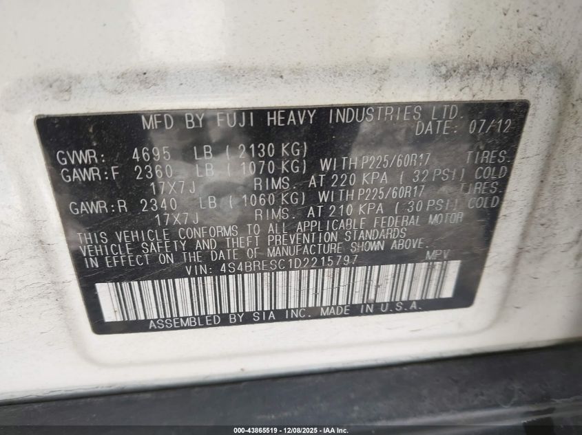 2013 Subaru Outback 3.6R Limited VIN: 4S4BRESC1D2215797 Lot: 43865519