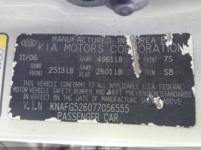 2007 Kia Rondo Ex V6 VIN: KNAFG526077056555 Lot: 43865538