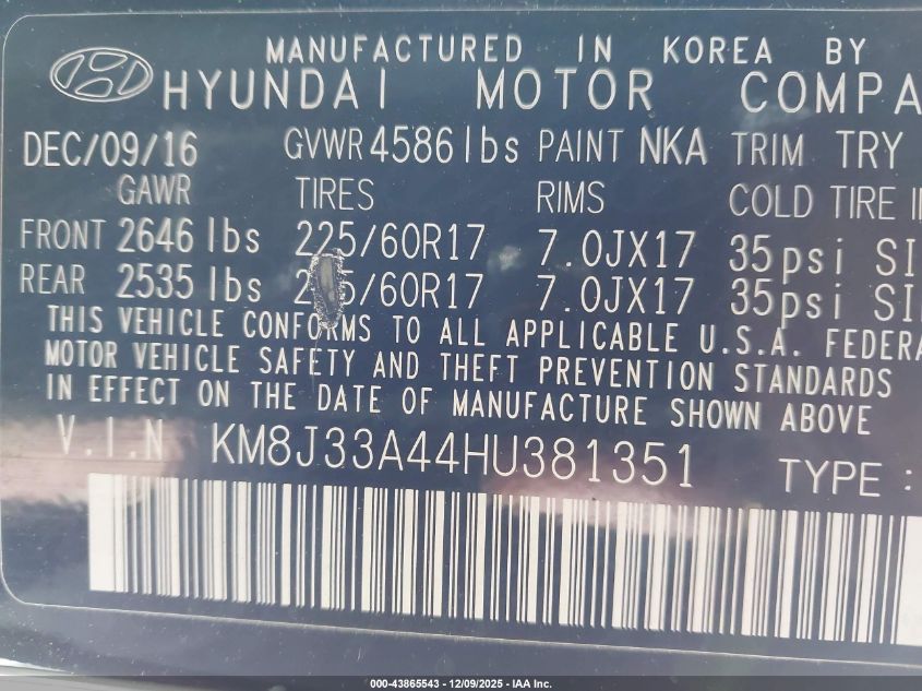 2017 Hyundai Tucson Se Plus VIN: KM8J33A44HU381351 Lot: 43865543