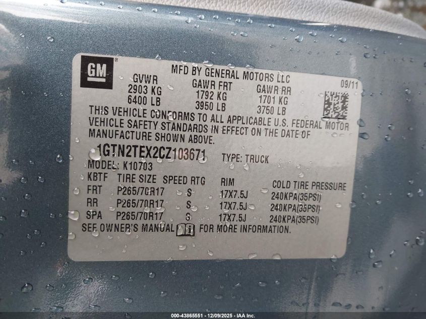 2012 GMC Sierra 1500 Work Truck VIN: 1GTN2TEX2CZ103671 Lot: 43865551