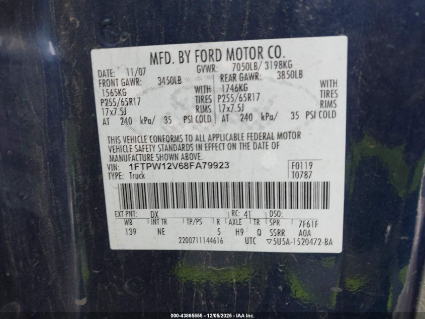 2008 Ford F-150 60Th Anniversary/Fx2/King Ranch/Lariat/Xlt VIN: 1FTPW12V68FA79923 Lot: 43865555