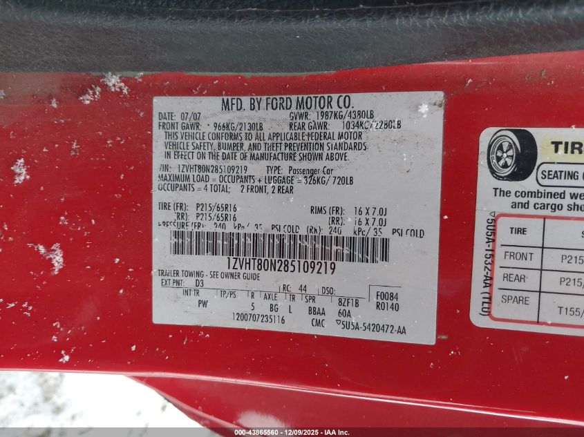 2008 Ford Mustang V6 Deluxe VIN: 1ZVHT80N285109219 Lot: 43865560