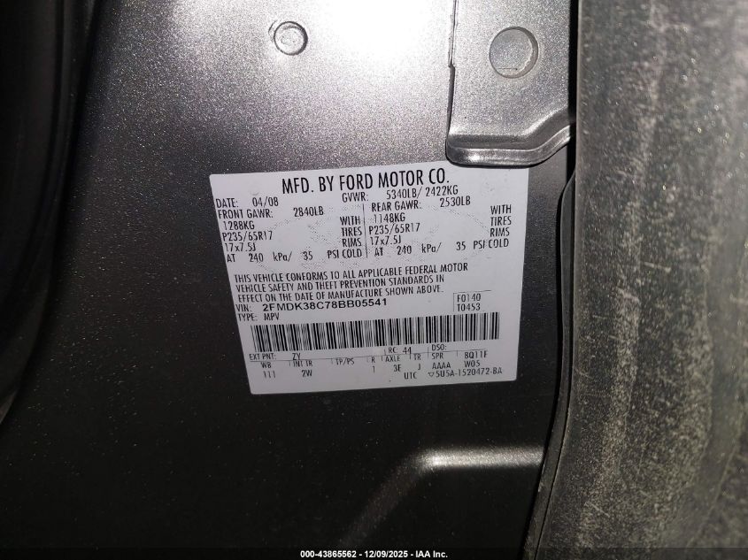 2008 Ford Edge Sel VIN: 2FMDK38C78BB05541 Lot: 43865562