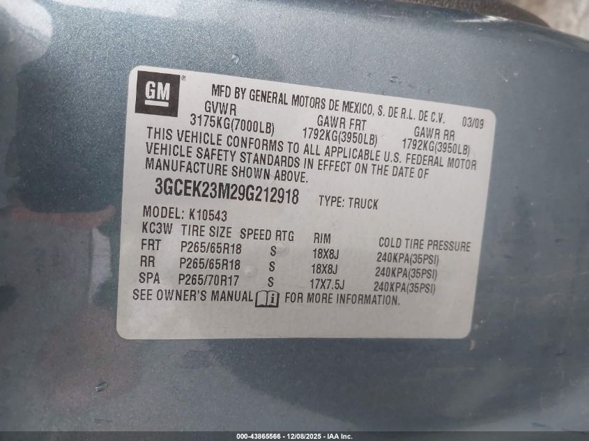 2009 Chevrolet Silverado 1500 Lt VIN: 3GCEK23M29G212918 Lot: 43865566