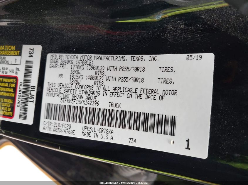 2019 Toyota Tundra VIN: 5TFRM5F19KX142396 Lot: 43865567