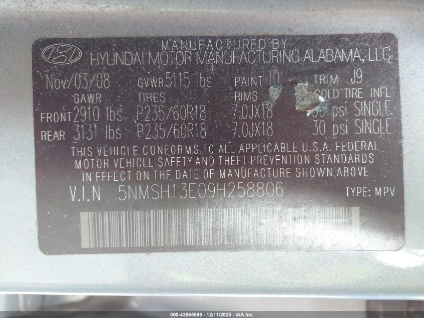 2009 Hyundai Santa Fe Limited VIN: 5NMSH13E09H258806 Lot: 43865569