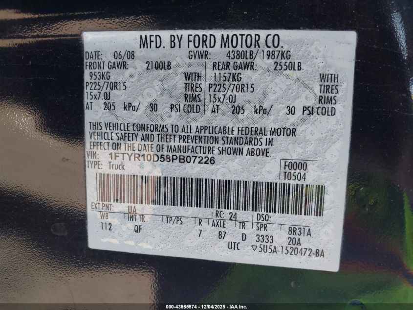 2008 Ford Ranger Xl/Xlt VIN: 1FTYR10D58PB07226 Lot: 43865574