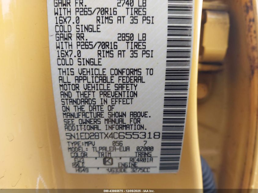 2004 Nissan Xterra Xe VIN: 5N1ED28TX4C655318 Lot: 43865575