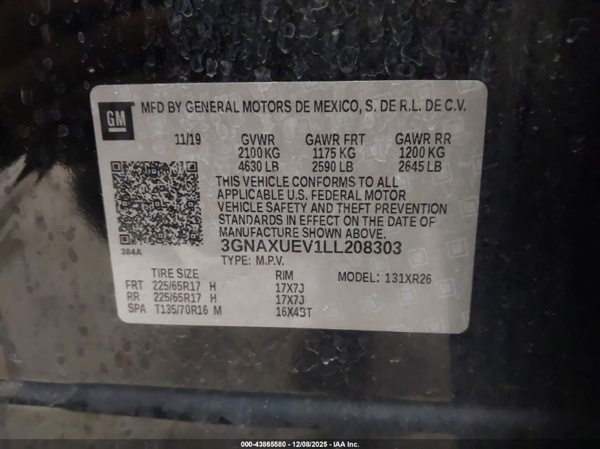 2020 Chevrolet Equinox Awd Lt 1.5L Turbo VIN: 3GNAXUEV1LL208303 Lot: 43865580