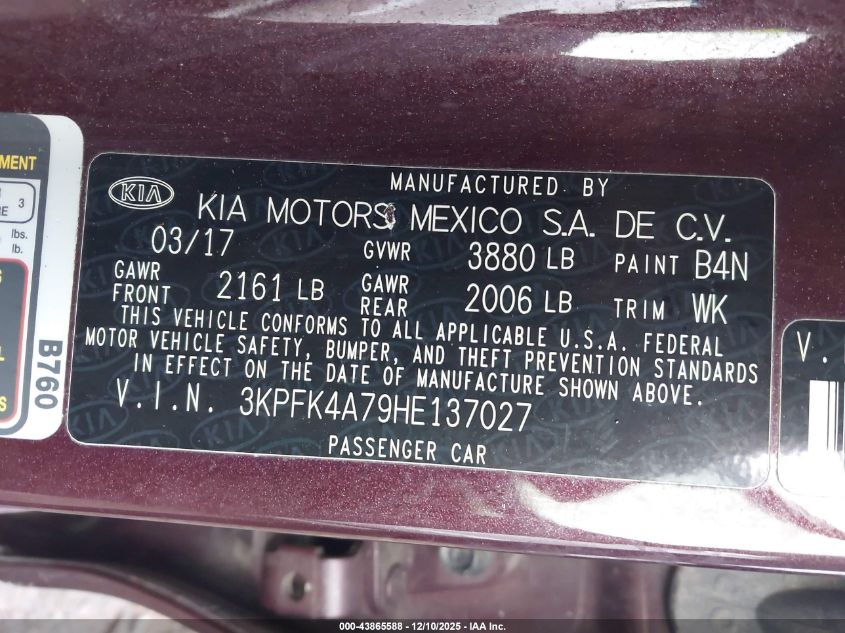 2017 Kia Forte Lx VIN: 3KPFK4A79HE137027 Lot: 43865588