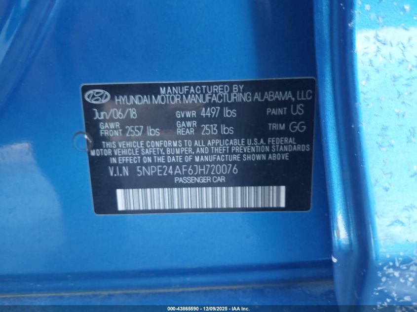 2018 Hyundai Sonata Se VIN: 5NPE24AF6JH720076 Lot: 43865590