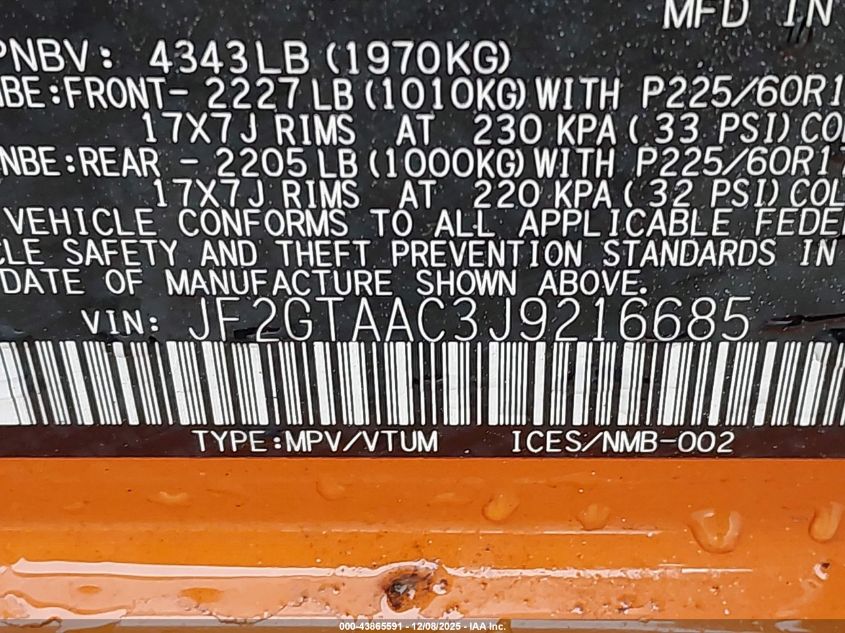 2018 Subaru Crosstrek 2.0I VIN: JF2GTAAC3J9216685 Lot: 43865591