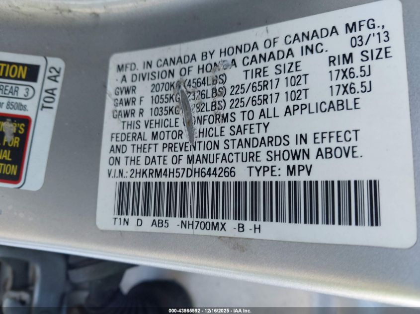 2013 Honda Cr-V Ex VIN: 2HKRM4H57DH644266 Lot: 43865592