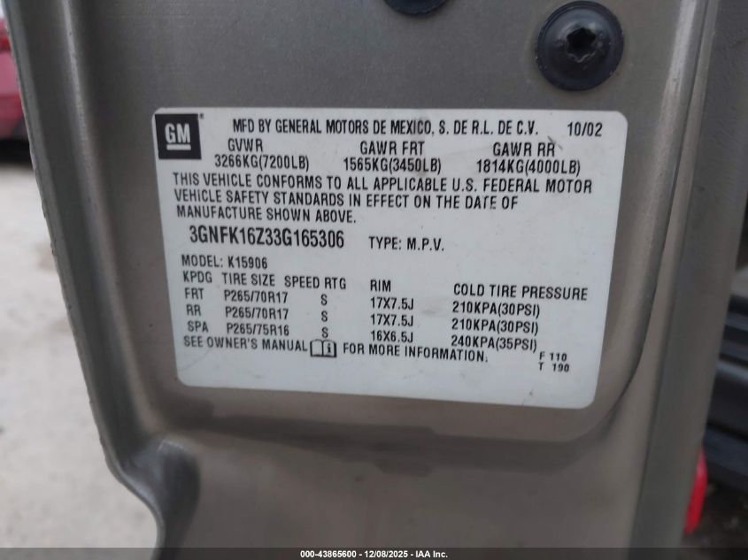 2003 Chevrolet Suburban 1500 Z71 VIN: 3GNFK16Z33G165306 Lot: 43865600