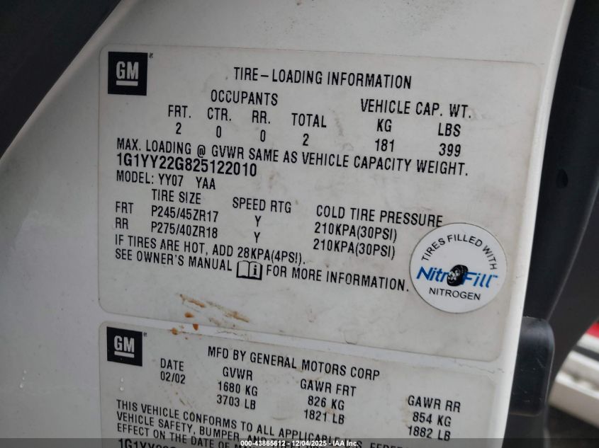 2002 Chevrolet Corvette VIN: 1G1YY22G825122010 Lot: 43865612