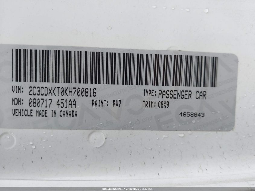 2019 Dodge Charger Police Awd VIN: 2C3CDXKT0KH700816 Lot: 43865626