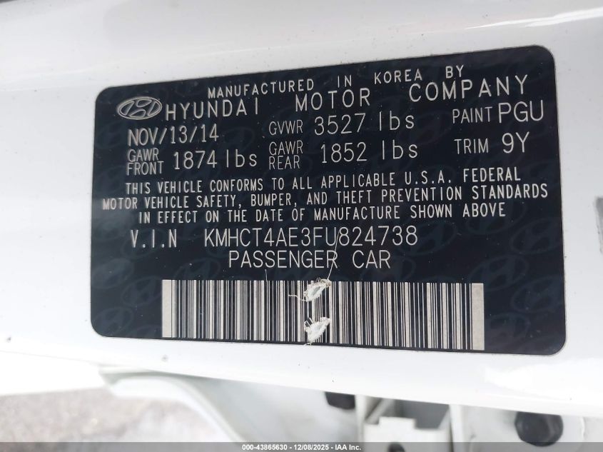 2015 Hyundai Accent Gls VIN: KMHCT4AE3FU824738 Lot: 43865630