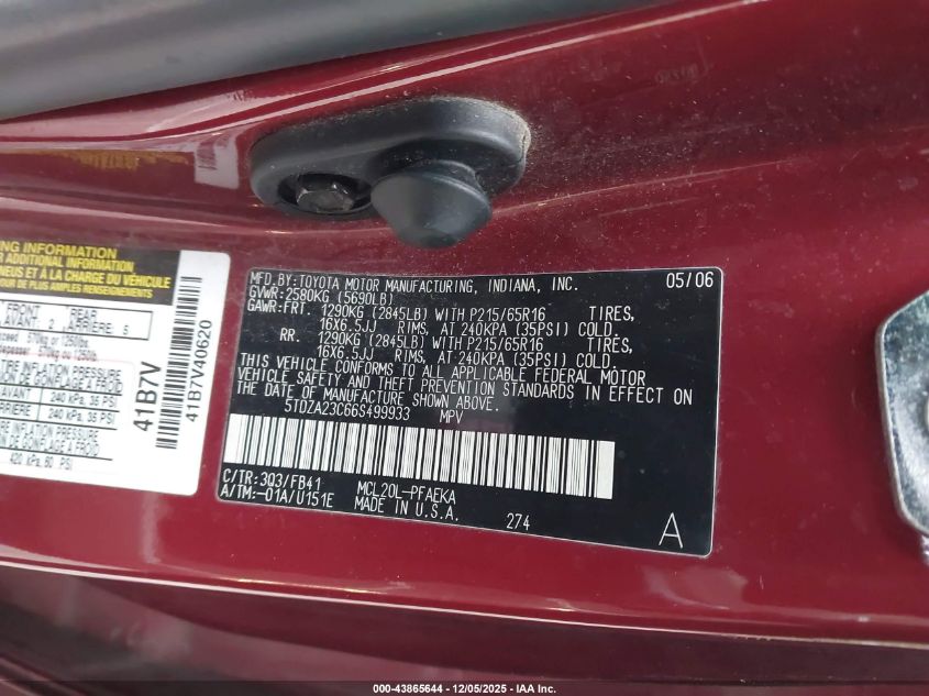 2006 Toyota Sienna Ce VIN: 5TDZA23C66S499933 Lot: 43865644