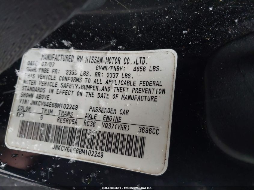 2008 Infiniti G37 Journey VIN: JNKCV64E68M102249 Lot: 43865651