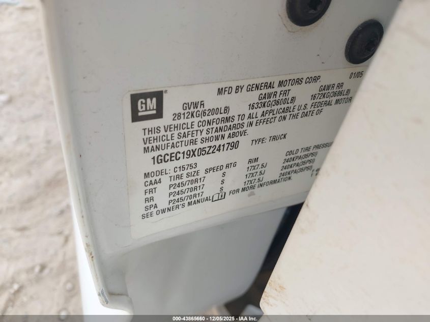 2005 Chevrolet Silverado 1500 Work Truck VIN: 1GCEC19X05Z241790 Lot: 43865660