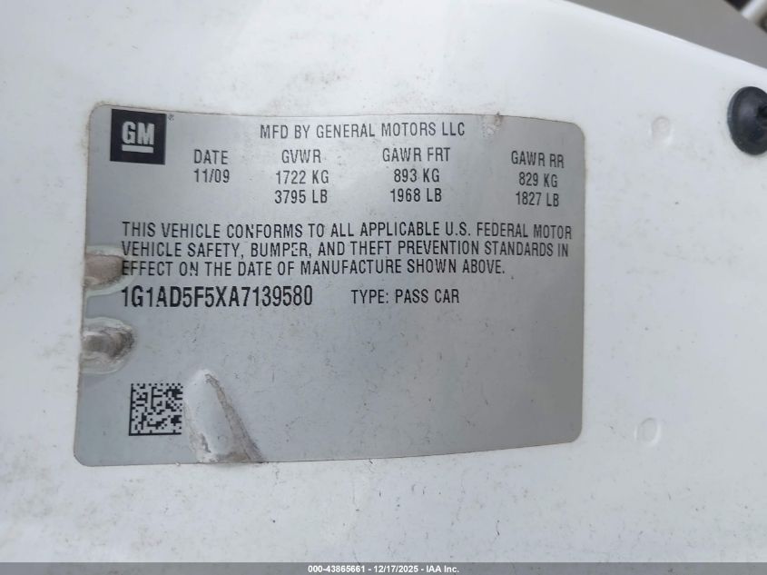 2010 Chevrolet Cobalt Lt VIN: 1G1AD5F5XA7139580 Lot: 43865661