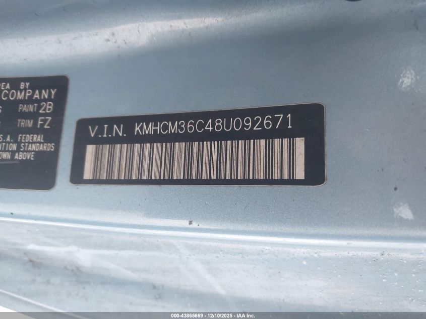 2008 Hyundai Accent Gs VIN: KMHCM36C48U092671 Lot: 43865669