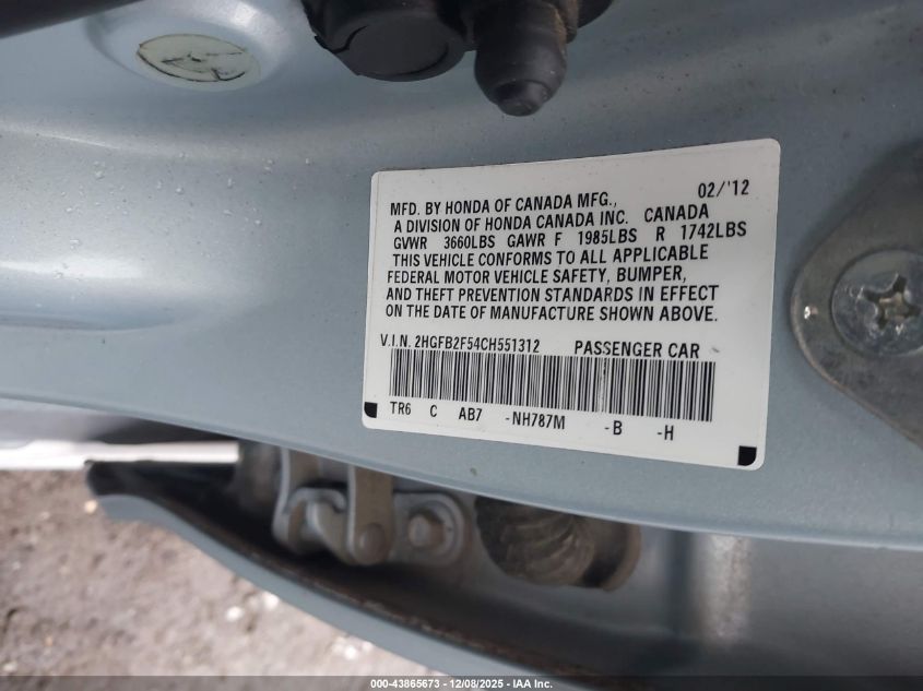 2012 Honda Civic Lx VIN: 2HGFB2F54CH551312 Lot: 43865673