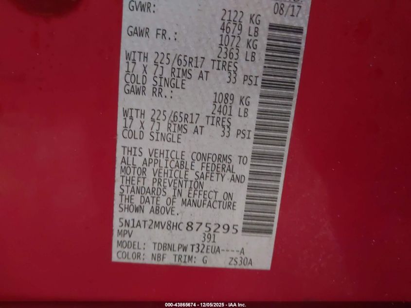 2017 Nissan Rogue S VIN: 5N1AT2MV8HC875295 Lot: 43865674