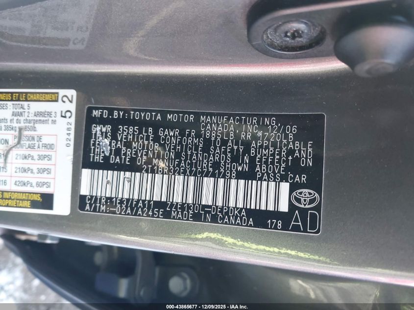 2007 Toyota Corolla Ce VIN: 2T1BR32EX7C771798 Lot: 43865677