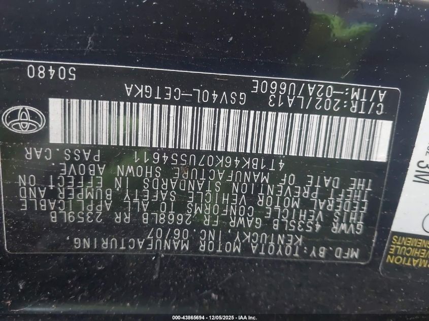 2007 Toyota Camry Xle V6 VIN: 4T1BK46K07U554611 Lot: 43865694