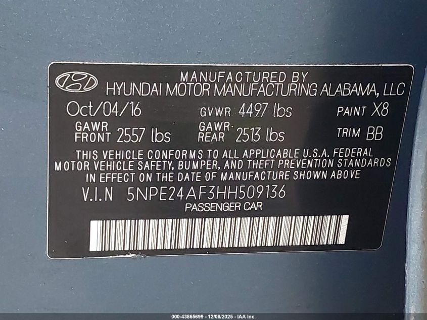 2017 Hyundai Sonata Se VIN: 5NPE24AF3HH509136 Lot: 43865699