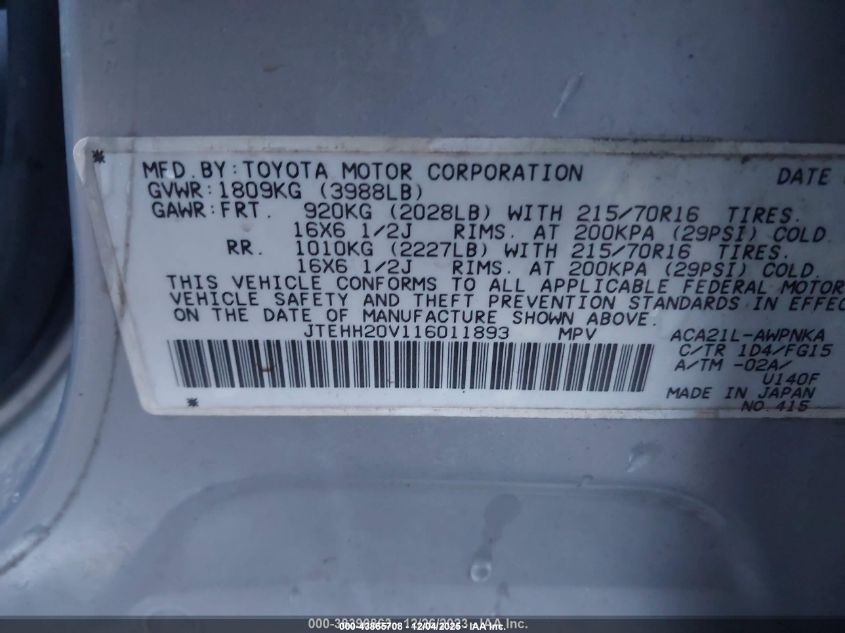 2001 Toyota Rav4 Base (A4) VIN: JTEHH20V116011893 Lot: 43865708