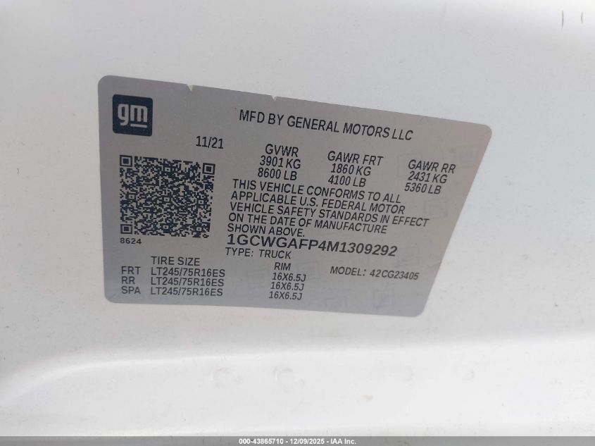 2021 Chevrolet Express Cargo Rwd 2500 Regular Wheelbase Wt VIN: 1GCWGAFP4M1309292 Lot: 43865710