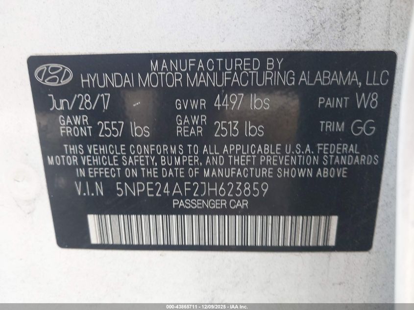 2018 Hyundai Sonata Se VIN: 5NPE24AF2JH623859 Lot: 43865711