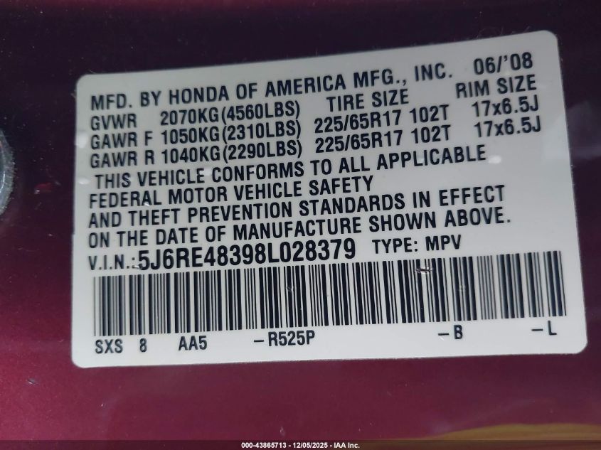 2008 Honda Cr-V Lx VIN: 5J6RE48398L028379 Lot: 43865713