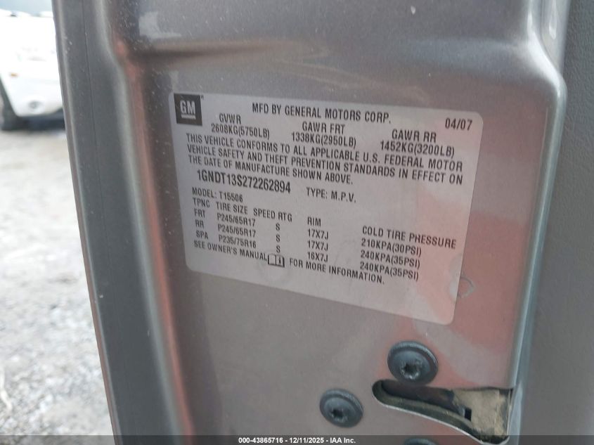 2007 Chevrolet Trailblazer Lt VIN: 1GNDT13S272262894 Lot: 43865716