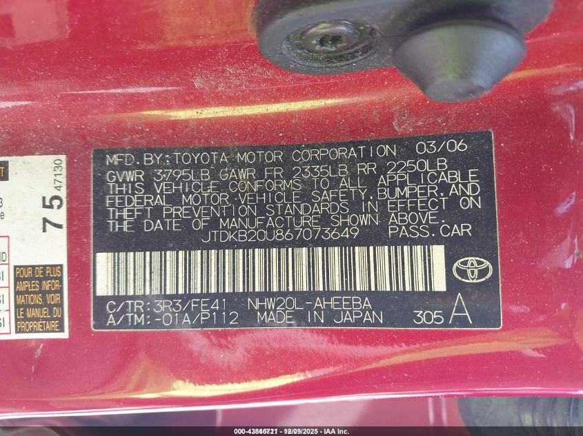 2006 Toyota Prius VIN: JTDKB20U867073649 Lot: 43865721