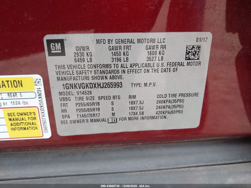 2017 Chevrolet Traverse 1Lt VIN: 1GNKVGKDXHJ265993 Lot: 43865730