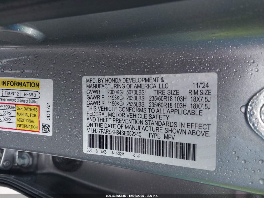 2025 Honda Cr-V Hybrid Sport-L VIN: 7FARS6H84SE052240 Lot: 43865735