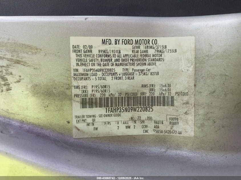 2009 Ford Focus Se VIN: 1FAHP35N09W220825 Lot: 43865742