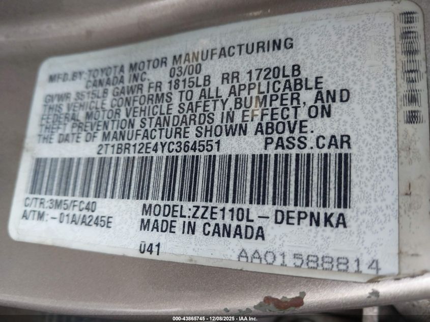 2000 Toyota Corolla Le VIN: 2T1BR12E4YC364551 Lot: 43865745