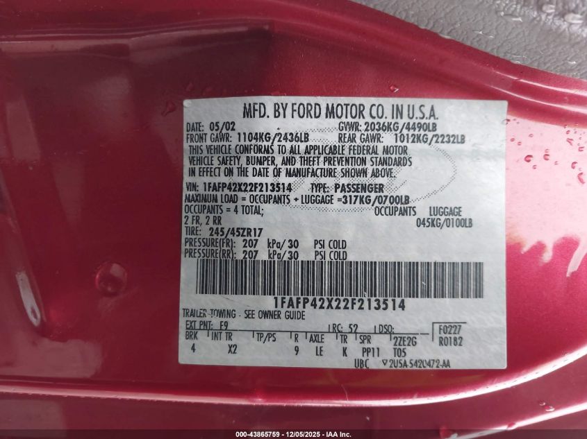 2002 Ford Mustang Gt VIN: 1FAFP42X22F213514 Lot: 43865759
