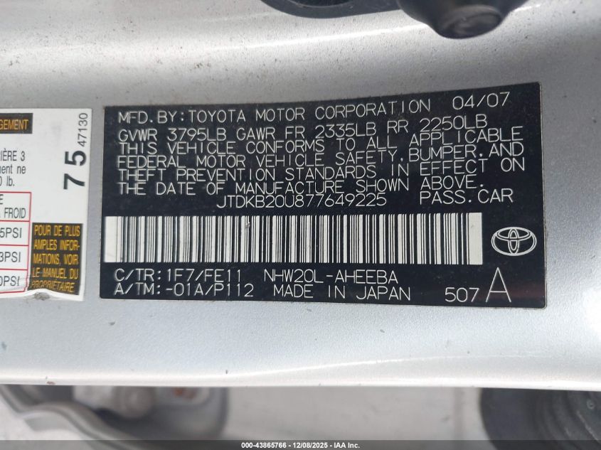 2007 Toyota Prius VIN: JTDKB20U877649225 Lot: 43865766