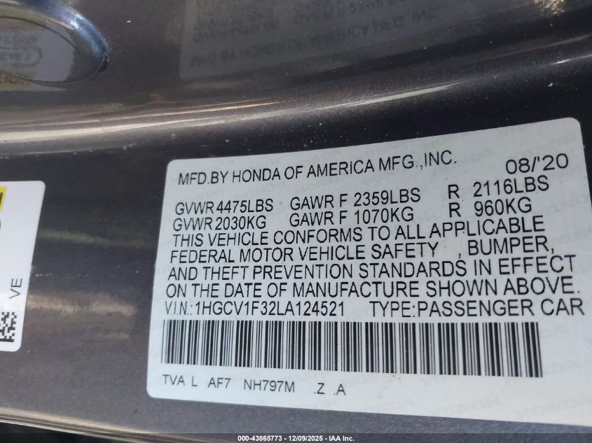 2020 Honda Accord Sport VIN: 1HGCV1F32LA124521 Lot: 43865773