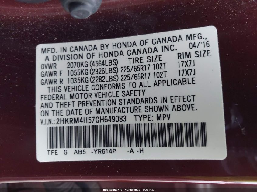 2016 Honda Cr-V Ex VIN: 2HKRM4H57GH649083 Lot: 43865779