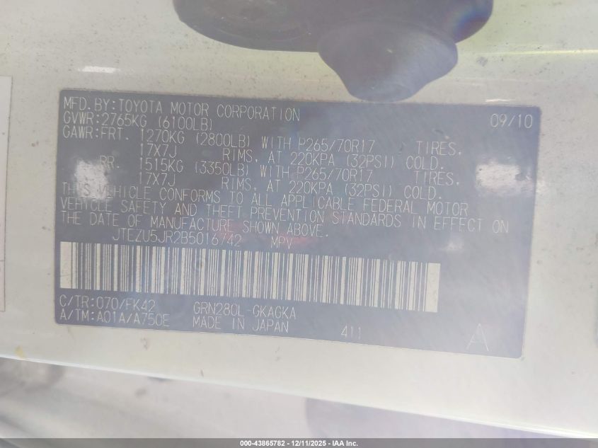 2011 Toyota 4Runner Sr5 V6 VIN: JTEZU5JR2B5016742 Lot: 43865782