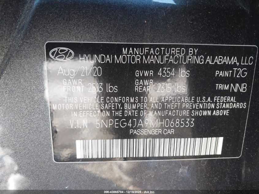 2021 Hyundai Sonata Se VIN: 5NPEG4JA9MH068533 Lot: 43865784