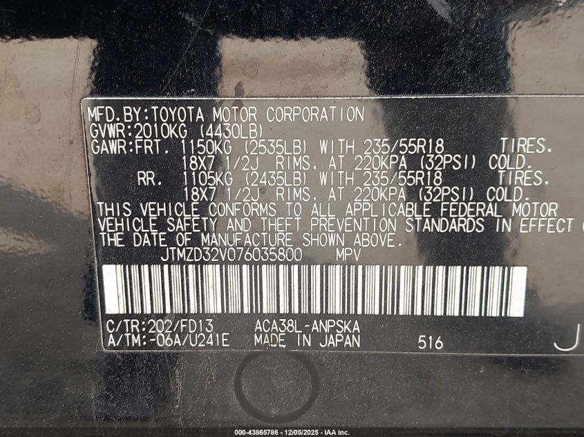 2007 Toyota Rav4 Sport VIN: JTMZD32V076035800 Lot: 43865786