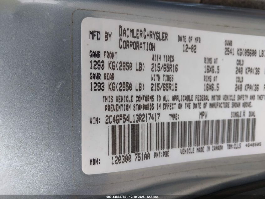 2003 Chrysler Town & Country Lxi VIN: 2C4GP54L13R217417 Lot: 43865789